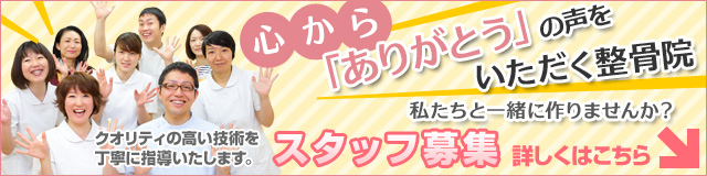 日本一「ありがとう」の声をいただく整骨院 私たちと一緒に作りませんか？ クオリティの高い技術を 丁寧に指導いたします。スタッフ募集 詳しくはこちら